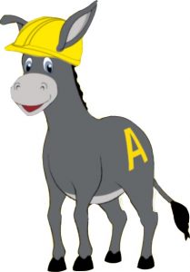 Cartoon drawing of a gray mule with a yellow hard hat on his head and a large letter A painted in yellow on his hind quarter.