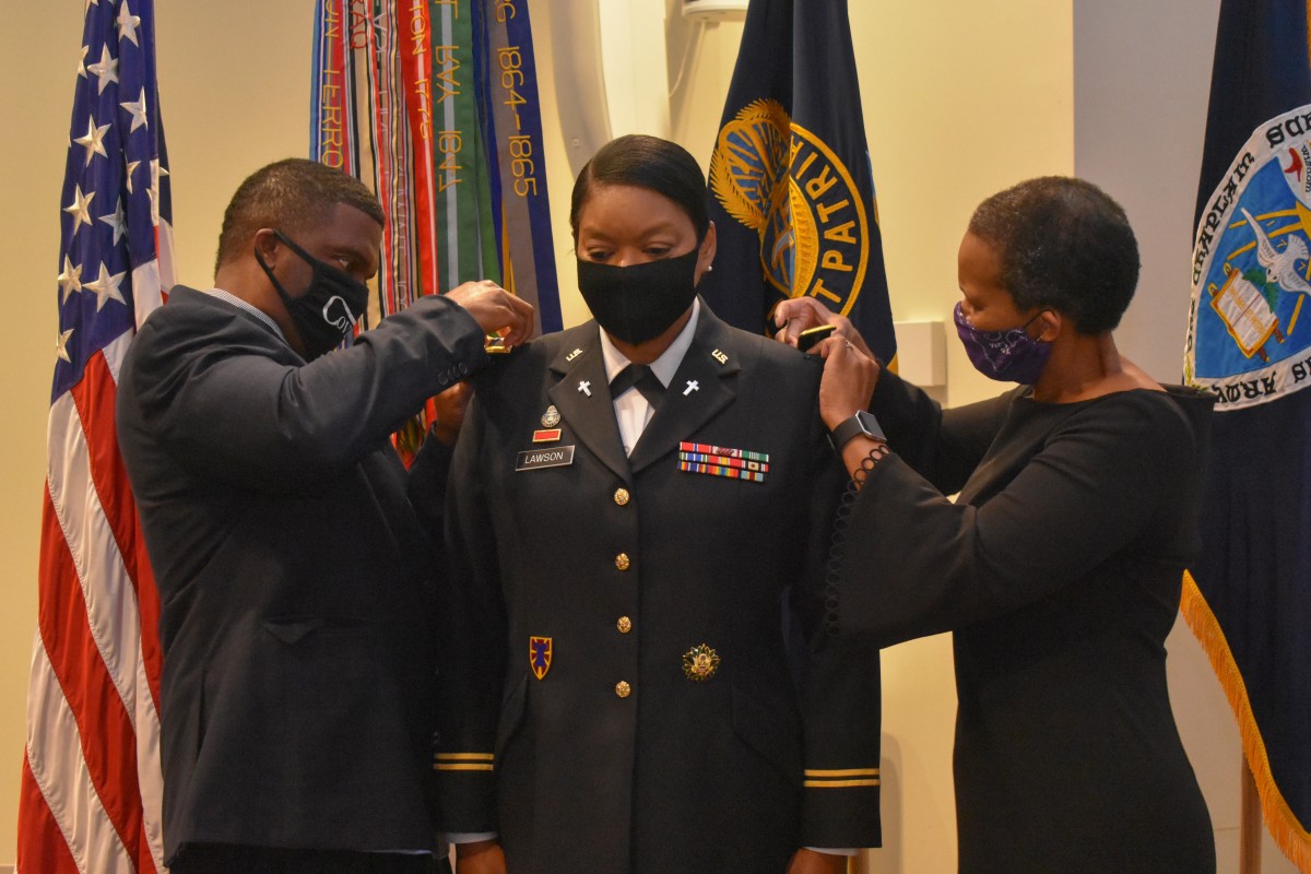 Col. Monica Lawson, who serves as the chief of recruiting for the Army chaplaincy, receives her colonel rank during a promotion ceremony Sept. 2, 2020. Lawson became the Army's first active-duty African-American female chaplain to be promoted to colonel. (Photo Credit: Courtesy photo )