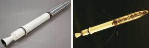 On the right is an image of the satellite, Explorer 1, a metal white and silver sphere shaped object. On the left is the same object illuminated in a gold hue. 