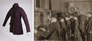 On the right is a purple female telephone operator uniform jacket. The jacket has a patch on one sleeve and an Army ribbon pinned to the front. On the left is a black and white historical photograph of women working a telephone switchboard while a man in uniform and another woman observe.