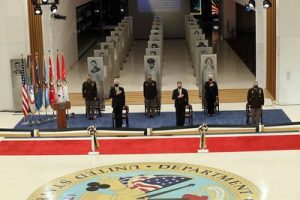 Image of the opening ceremony in front of the Soldier pylons