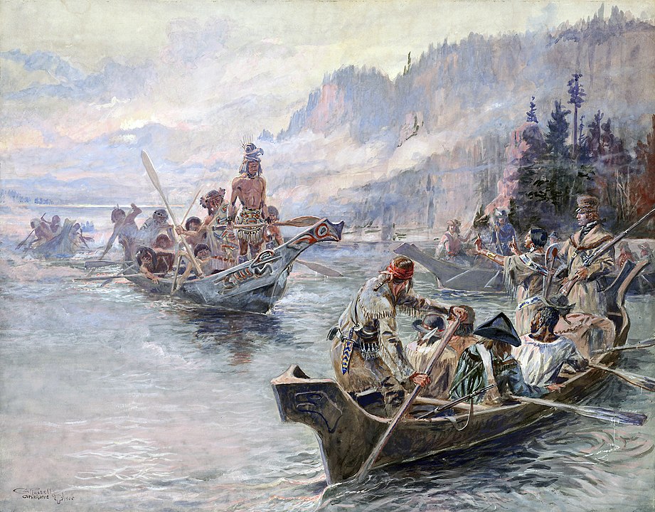 Painting of the Lewis and Clark Expedition in canoes on a river