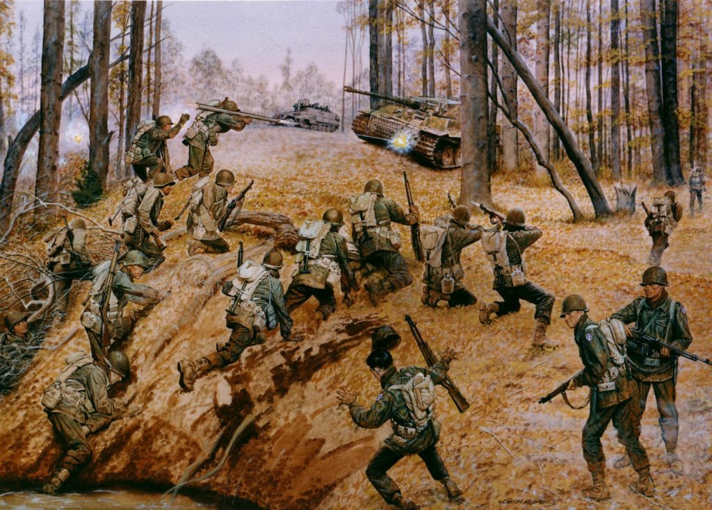 Painting of Soldiers climbing up a slope in a forest to engage with enemy tanks