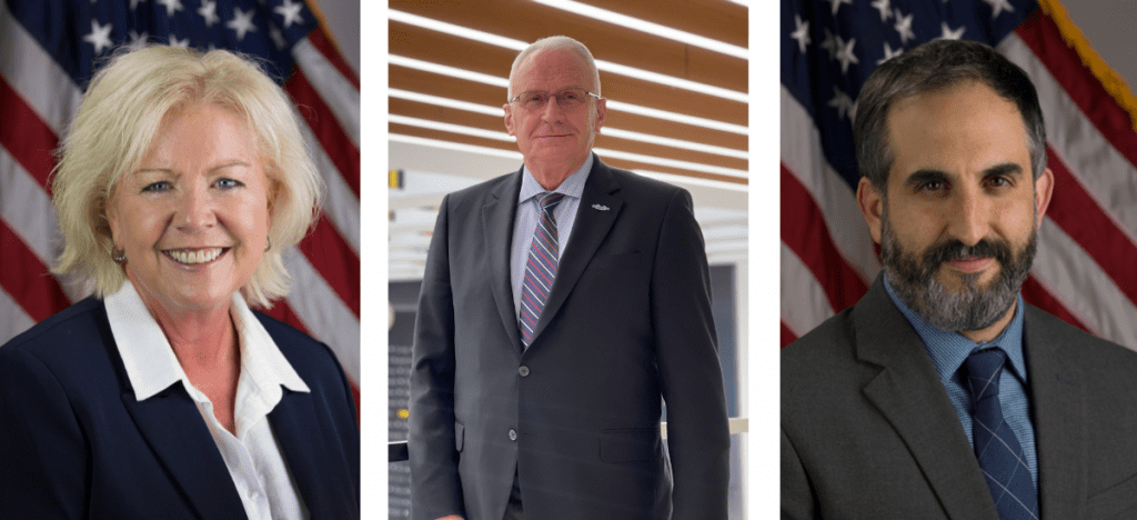Portraits of Tammy Call in front of a American flag, Roger Schultz in the Museum lobby, and Paul Morando in front of the American flag