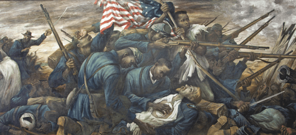 Painting of Black Civil War Soldiers in the midst of battle helping a wounded white officer