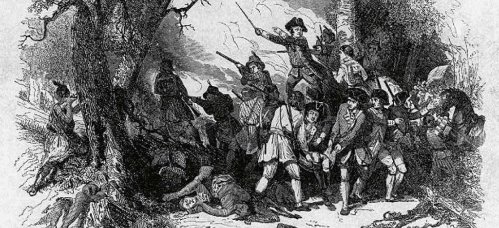 drawing of colonial era soldiers fighting in a wooded area