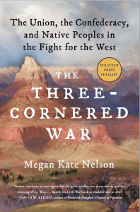 Book cover of The Three-Cornered War featuring a paining of a canyon