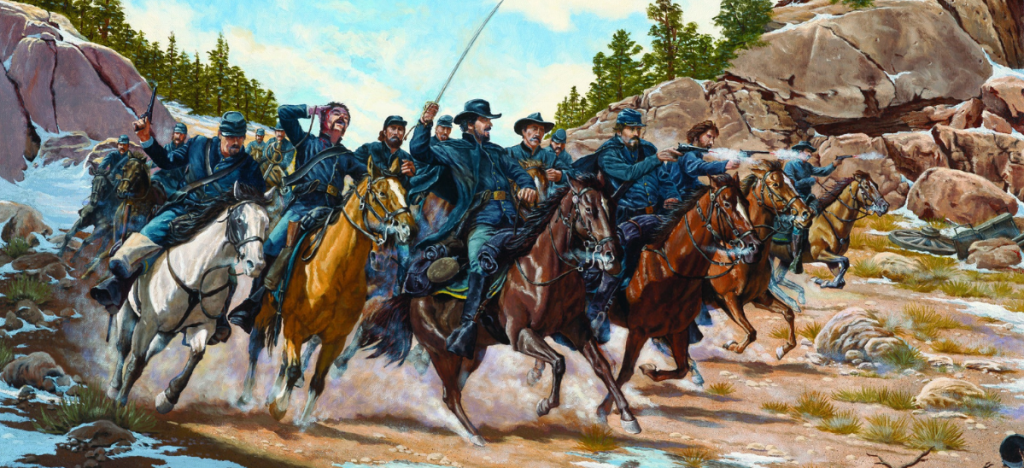 Painting of cavalry unit riding through a valley