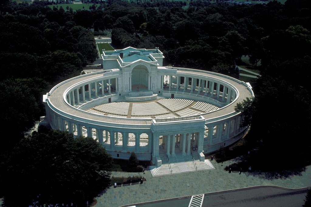 Aerial view of a large circular amphitheater