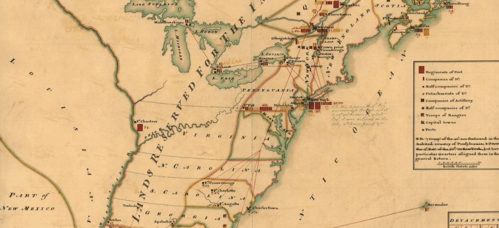 Map of eastern north america showing location of the 13 colonies on the coast and "Lands reserved for the Indians" on the left