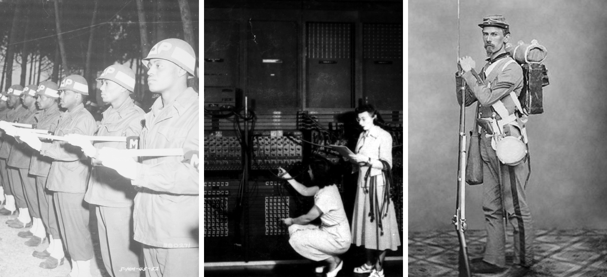 Right: line of Black Soldiers at attention. Middle: two women stand next to a wall of plugs and vacuum tubes. Left: a Union Soldier in full gear