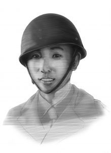 drawing of Don Oka wearing a helmet