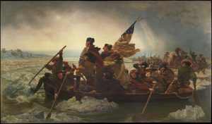 Painting showing Washington and his men in boats crossing an icy river