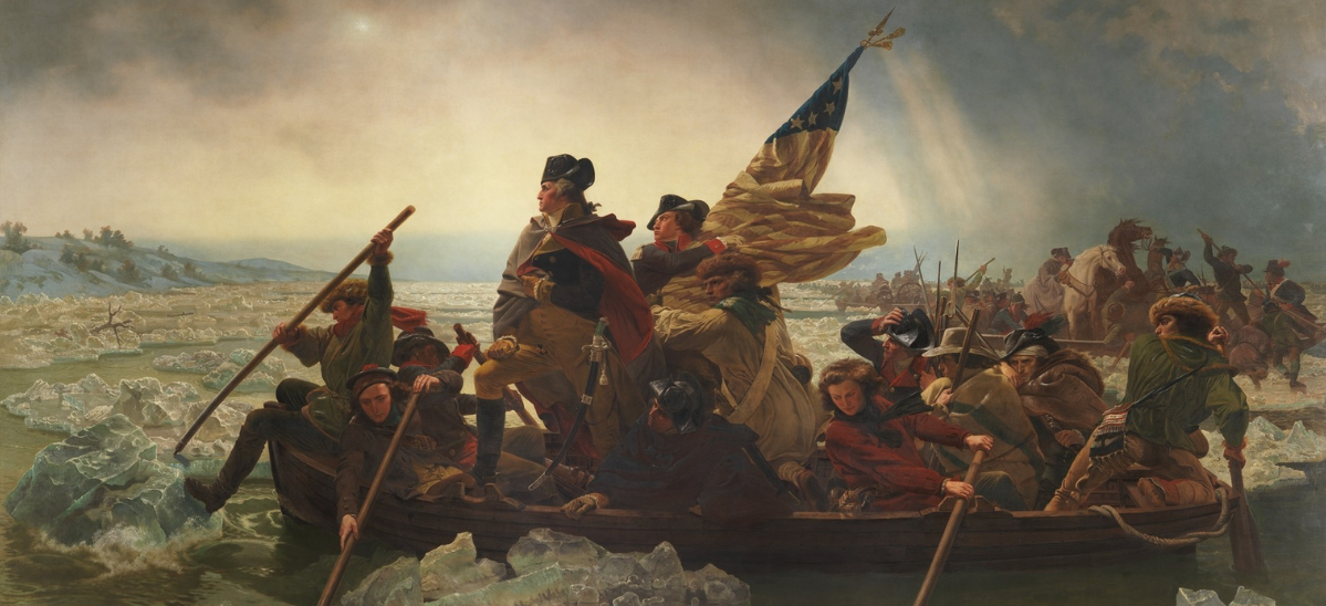 Painting showing Washington and his men in boats crossing an icy river