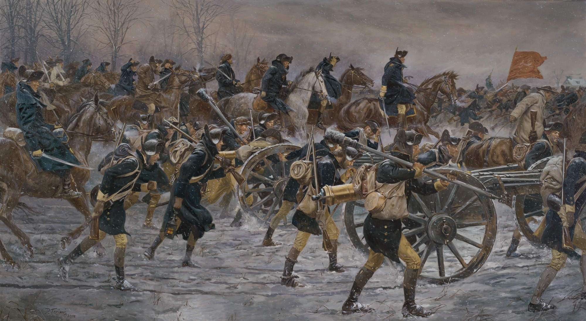 painting of Continental Army Soldiers marching through the snow with men on horseback and cannons.