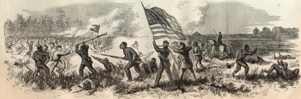 drawing depicting a battle with Black Soldiers leading the charge holding an american flag