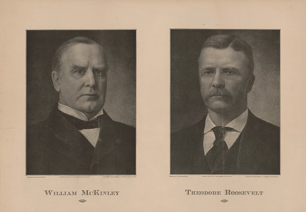 William McKinley on left, wearing a suit with bowtie. Theodore Roosevelt on right, wearing a suit and tie with glasses. 
