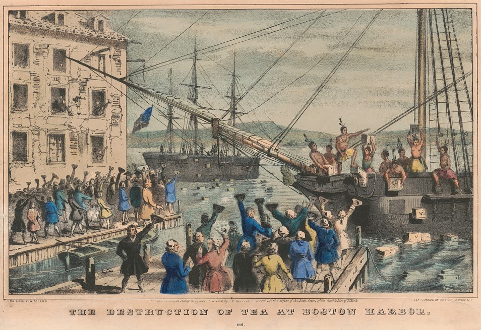 artists rendering of the Boston Tea Party with cheering colonists on the docks and a group of men dressed as Native Americans on a ship throwing containers over the side. 