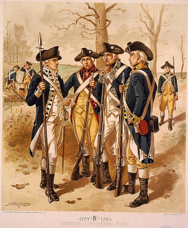 4 soldiers in uniform stand in a group. 3 soldiers have rifles, the man on the left holds a spear in his right hand. 