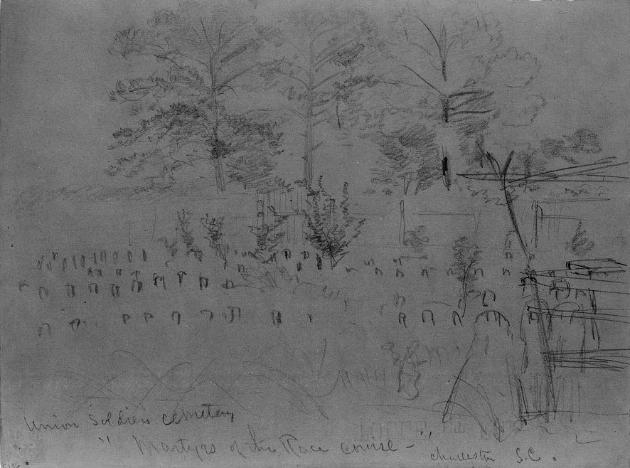 pencil sketch showing gravestones in the foreground with trees in the background