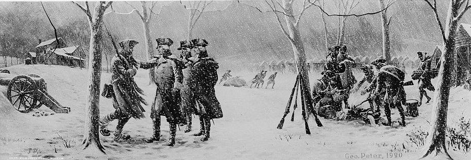 Soldiers standing in snow-covered military camp