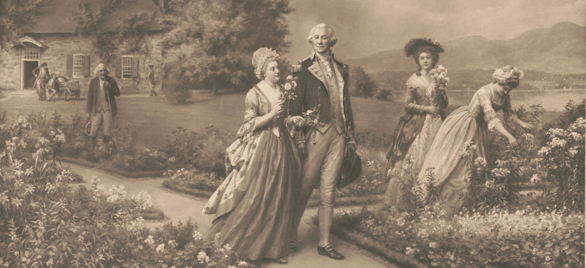 black and white print of George and Martha Washington walking through a garden with a stone house in the background. Men and women occupy the garden around them. 