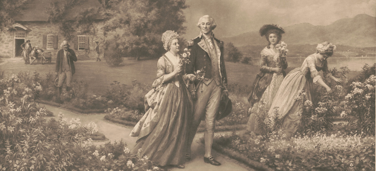 black and white print of George and Martha Washington walking through a garden with a stone house in the background. Men and women occupy the garden around them.