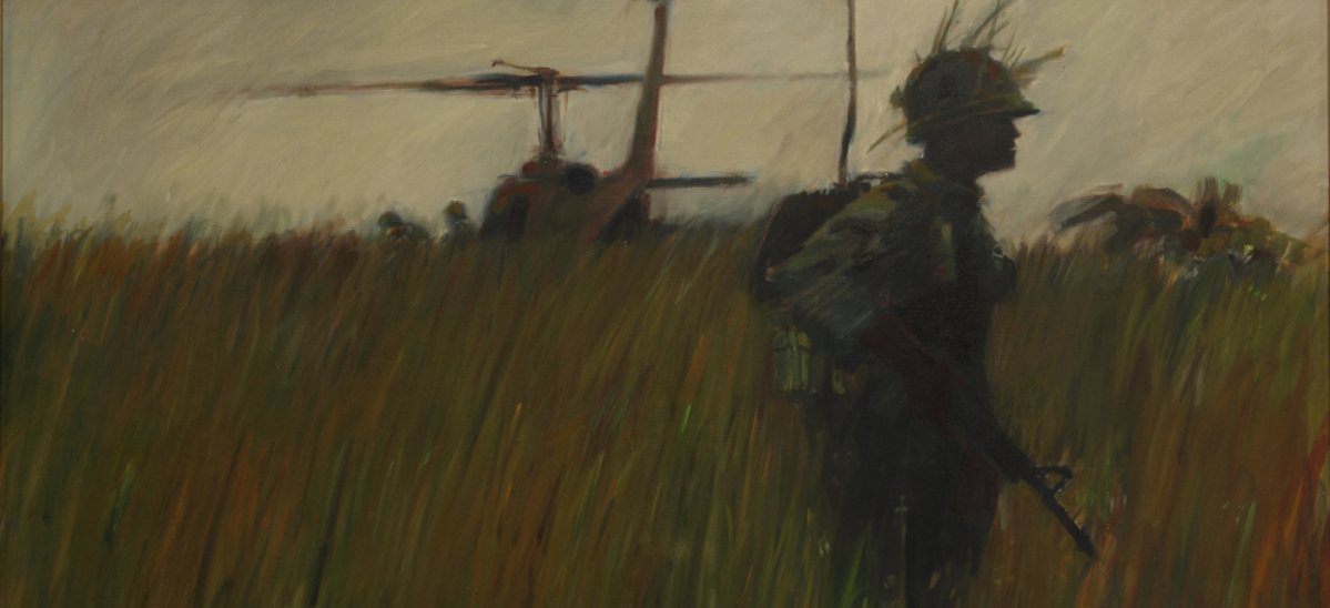 artists rendering of a soldier standing in a field of grass with a helicopter in the background. 