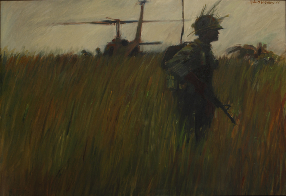 artists rendering of a soldier standing in a field of grass with a helicopter in the background. 