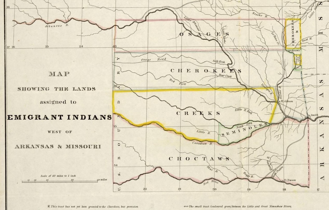 Map labeled "Map showing the lands assigned to emigrant Indians west of Arkansas & Missouri" showing lands designated for Osages, Cherokees, Creeks, Seminoles, and Choctaws.