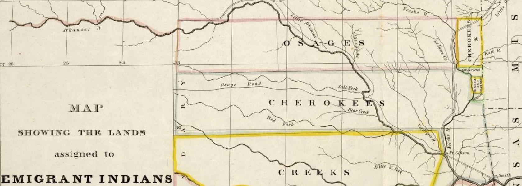 Map labeled "Map showing the lands assigned to emigrant Indians west of Arkansas & Missouri" showing lands designated for Osages, Cherokees, Creeks, Seminoles, and Choctaws.