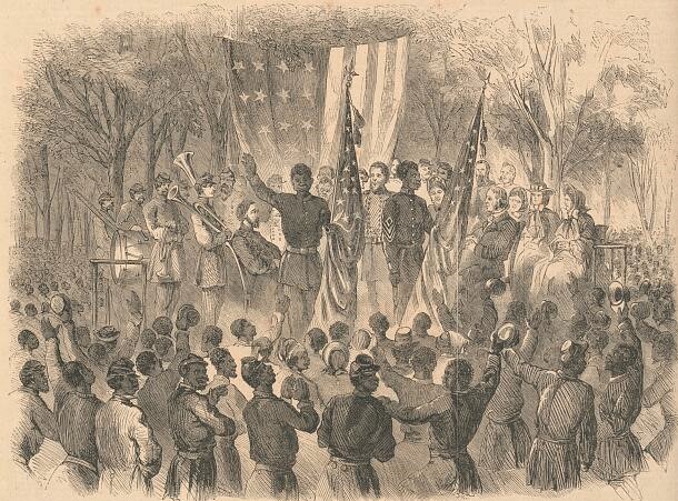 drawing of Black Soldiers holding the American flag and addressing a crowd of Black citizens