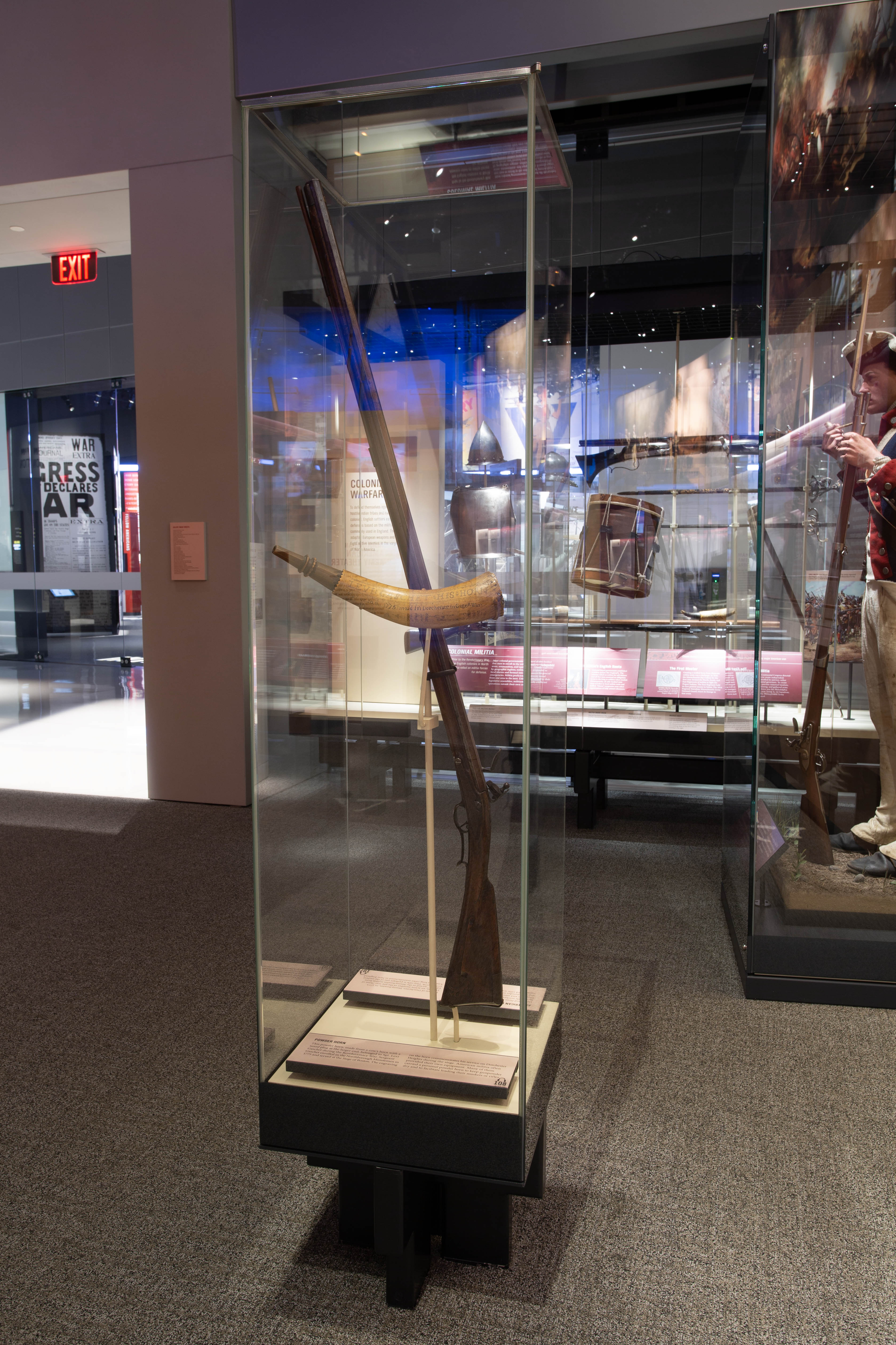 This powder horn, made from a cow’s horn with a wood plug at the larger end, belonged to Sgt. Levi Gaschet during the Revolutionary War. Sergeant Gaschet enrolled in the Northborough Minutemen in 1775 and served at the Siege of Boston. The engraving on the horn commemorates his service on Dorchester Heights during the siege. American militia often provided their own equipment. Many of them carried a personal powder horn to keep gunpowder dry and to facilitate loading their muskets or rifles.