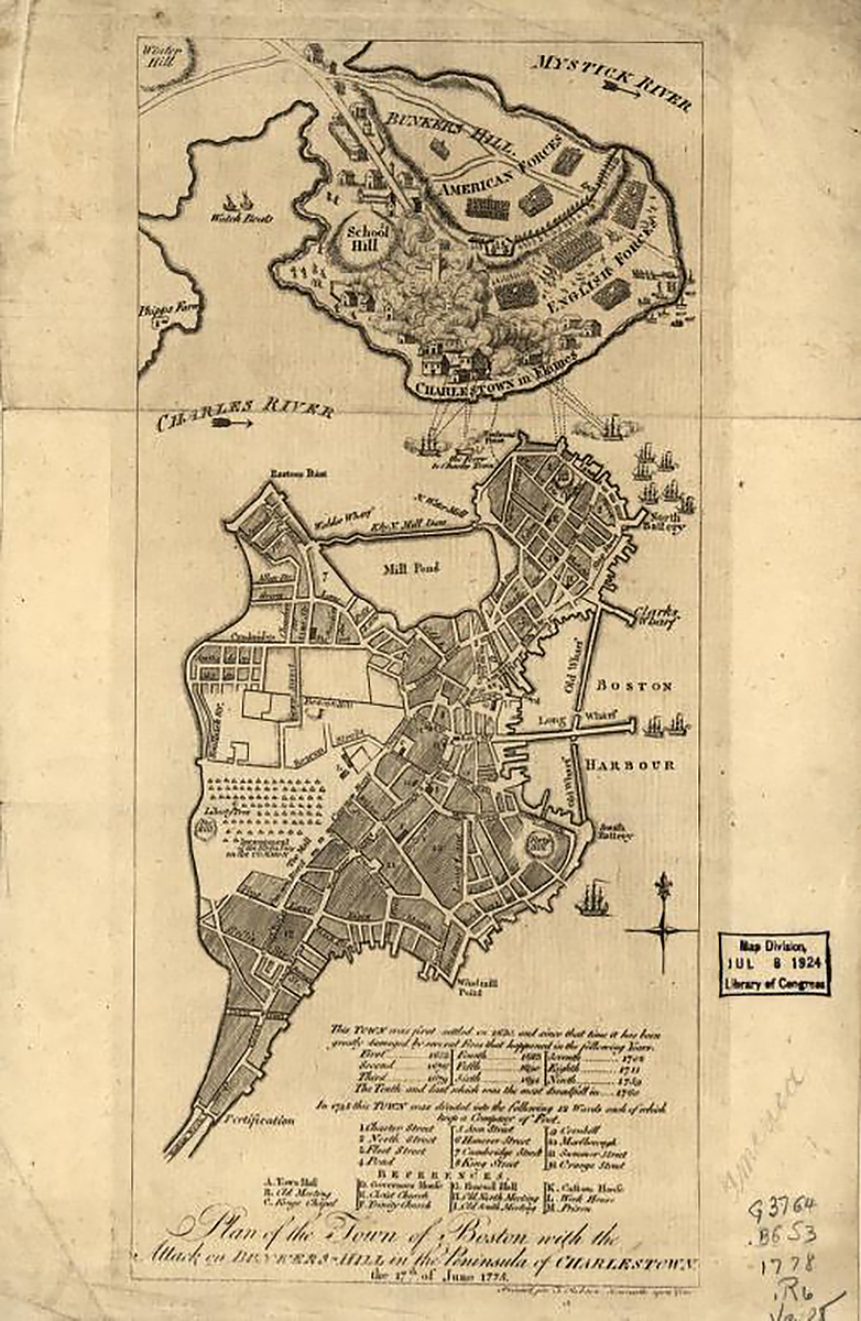Robson, T. Plan of the town with the attack on Bunkers-Hill in the peninsula of Charlestown, the 17th. of June. [Newcastle upon Tyne Eng. Printed for T. Robson, 1778] Map. https://www.loc.gov/