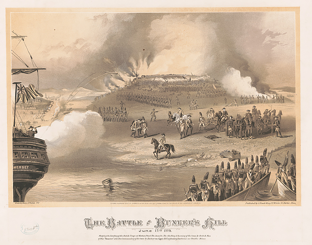 The Battle at Bunker's Hill / drawn by Henry A. Thomas. United States Boston Massachusetts, ca. 1875. Boston: C. Frank King. Photograph. Library of Congress.