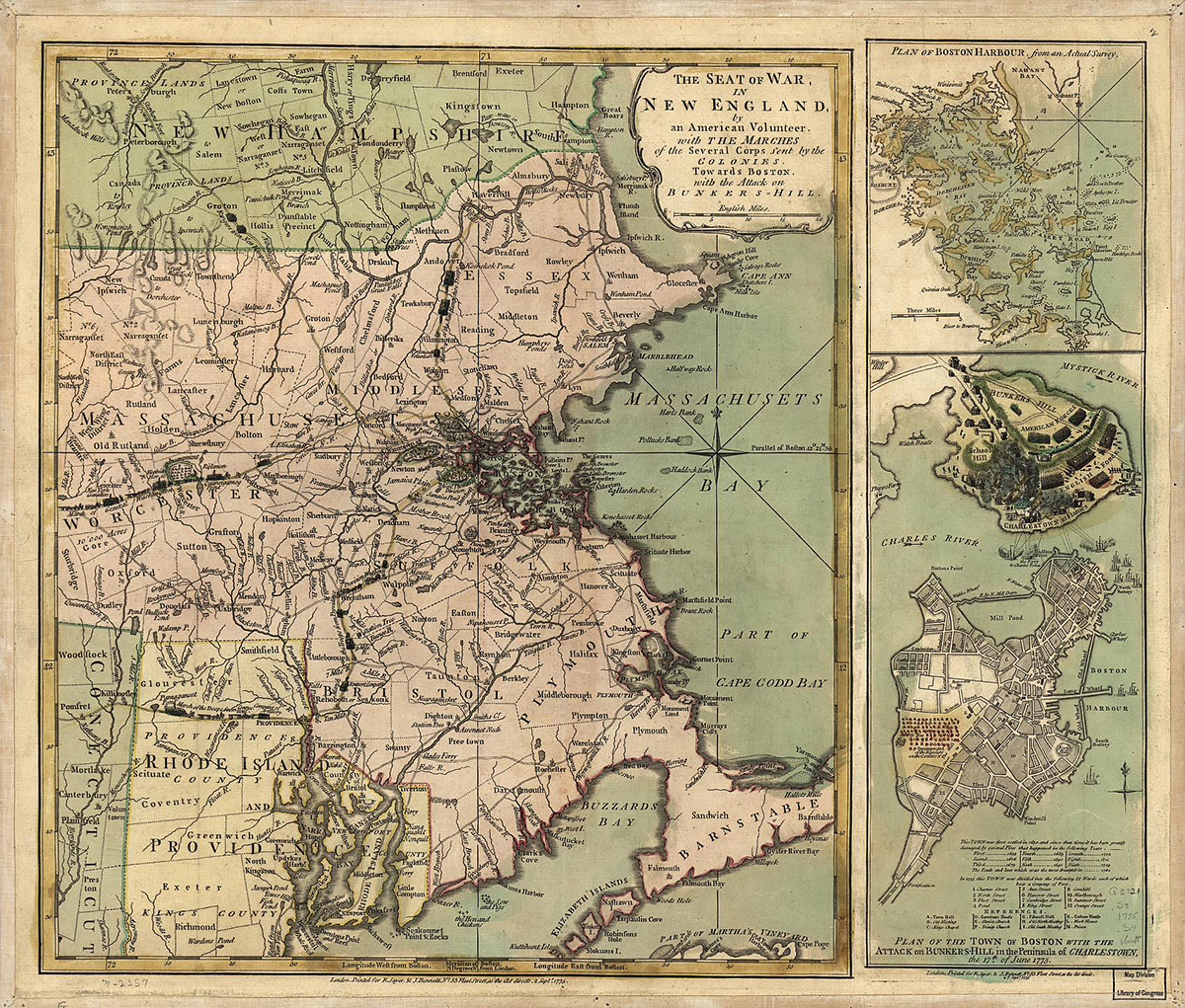 Robert Sayer And John Bennett. The Seat of war in New England, by an American volunteer, with the marches of the several corps sent by the Colonies towards Boston, with the attack on Bunkers-Hill. London, Printed for R. Sayer & J. Bennett, 1775. Map. https://www.loc.gov/