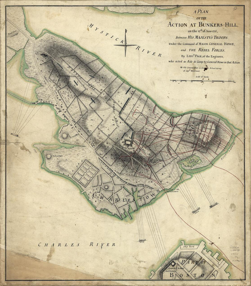 Page, Thomas Hyde, Sir, and John Montrésor. A plan of the action at Bunkers-Hill, on the 17th. of June, between His Majesty's troops under the command of Major General Howe, and the rebel forces. [1775] Map. Library of Congress.