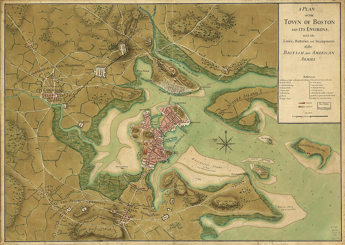 Page, Thomas Hyde, Sir. A plan of the town of Boston and its environs, with the lines, batteries, and incampments of the British and American armies. [1776] Map. https://www.loc.gov