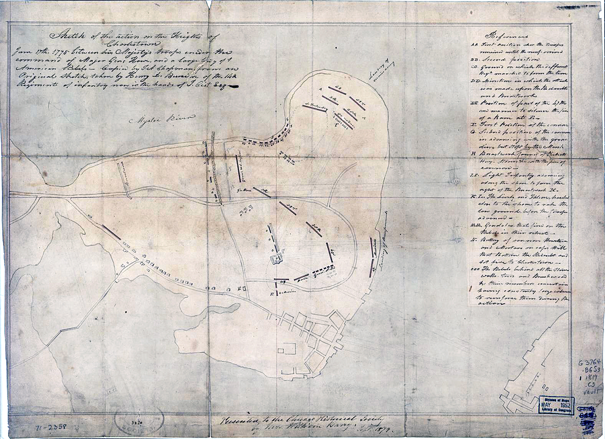 Chapman, Isaac A, and Henry De Berniere. Sketch of the action on the heights of Charlestown June 17th,between His Majesty's troops under the command of Major Genl. Howe, and a large body of American rebels. [?, 1819] Map. Library of Congress.