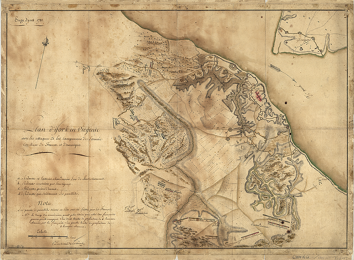 Querenet De La Combe. Siege d'York, . Plan d'York en Virginie avec les attaques et les campemens de l'Armée combinée de France et d'Amérique. [1781] Map. Library of Congress.