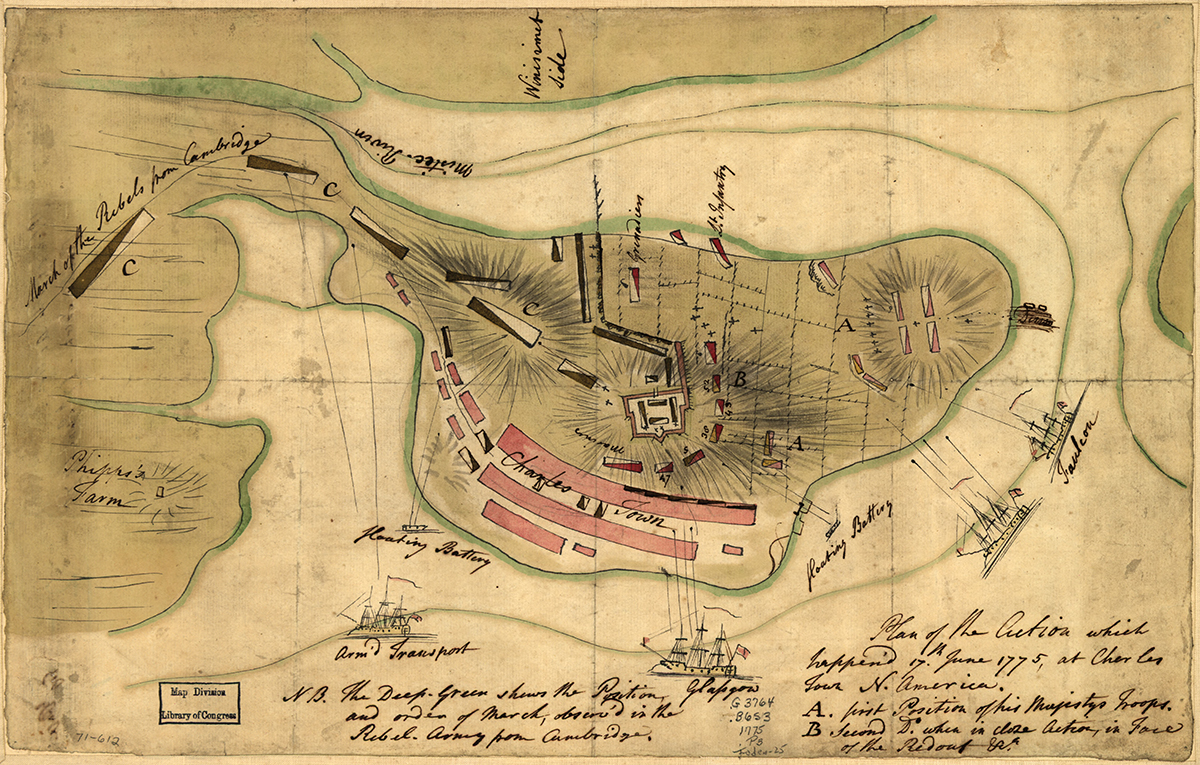 Page, Thomas Hyde, Sir. Plan of the action which happen'd 17th. June , at Charles Town, N. America. [1775] Map. Library of Congress.