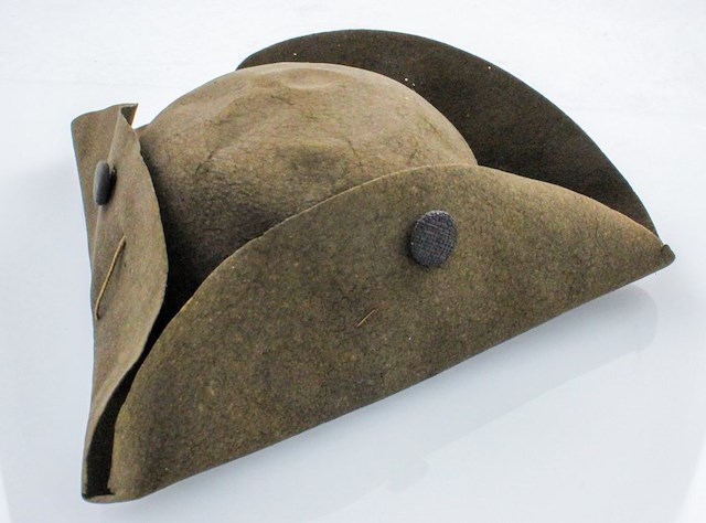 Wool felt cocked hat. Object ID H-075. Courtesy of The Fort Ticonderoga Museum Collection.