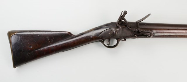 English Long Land Pattern 1756 with bayonet c.1765. This musket has an overall length of 61” with a lock length that is 7” with a barrel 44.875” long and a bore diameter of .78”. Object ID 2022.1.43a-b. Courtesy of The Fort Ticonderoga Museum Collection.