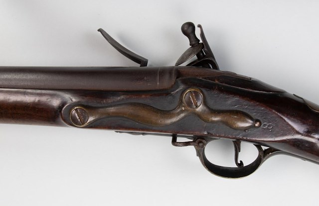 English Long Land Pattern 1756 with bayonet c.1765. This musket has an overall length of 61” with a lock length that is 7” with a barrel 44.875” long and a bore diameter of .78”. Object ID 2022.1.43a-b. Courtesy of The Fort Ticonderoga Museum Collection.