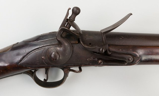 English Long Land Pattern 1756 with bayonet c.1765. This musket has an overall length of 61” with a lock length that is 7” with a barrel 44.875” long and a bore diameter of .78”. Object ID 2022.1.43a-b. Courtesy of The Fort Ticonderoga Museum Collection.