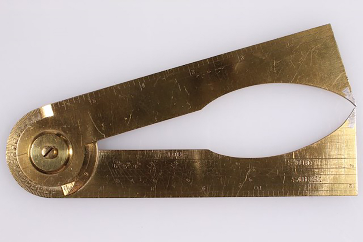Brass artillery calipers. The calipers are engraved with scales for measuring bore diameters and shot diameters, which allowed a soldier to quickly gauge the caliber of a cannonball or cannon without having to measure or weigh it. Object ID 2022.2.398. Courtesy of The Fort Ticonderoga Association.