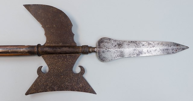 Halberd with wooden haft c. 1750-1780. Sergeants often carried a halberd to distinguish their rank by sight. Object ID P-10. Courtesy of The Fort Ticonderoga Museum Collection.