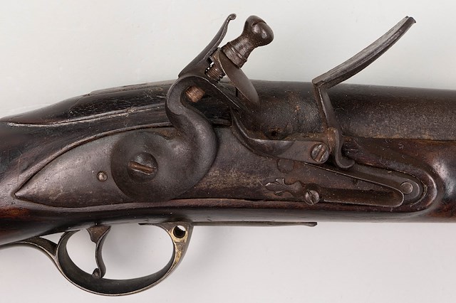 Long Land Service Musket used by the 26th Regiment of Foot, which has been restocked. This musket has an overall length of 62” with a lock length that is  7” and with a 46” long barrel and a .79” bore diameter. Object ID 2022.1.66. Courtesy of The Fort Ticonderoga Museum Collection.