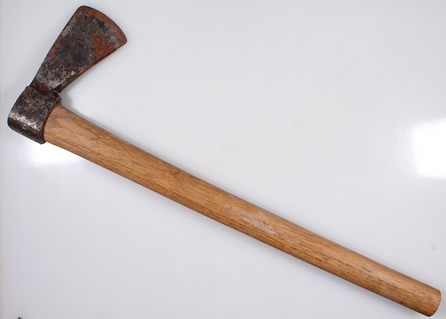 Ax with intact wood handle. Two small stamps on one side of the ax near handle socket. Object ID 2017.B.64.1016. Courtesy of The Fort Ticonderoga Museum Collection.