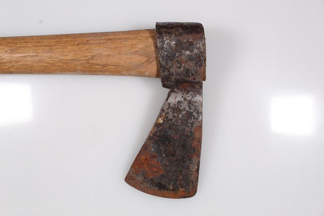 Ax with intact wood handle. Two small stamps on one side of the ax near handle socket. Object ID 2017.B.64.1016. Courtesy of The Fort Ticonderoga Museum Collection.